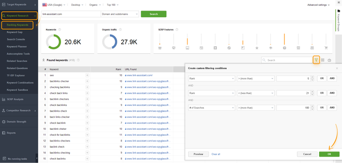 filtering keywords in the Ranking Keywords module in Keyword Research