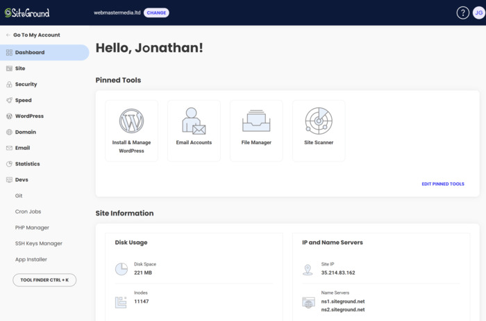 SiteGround interface