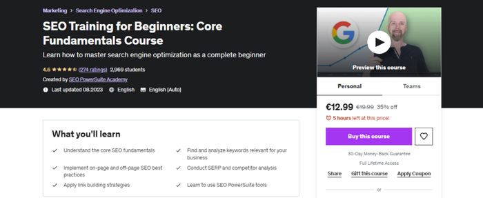 SEO PowerSuite SEO course on Udemy 