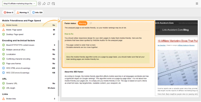 Running technical SEO audit in WebSite Auditor