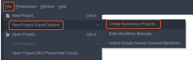 New Projects: Expert Options > Create Numerous Projects