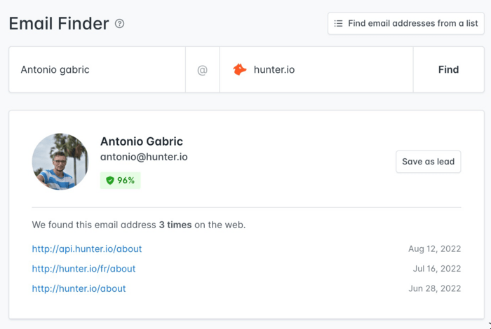 Email finder in Hunter