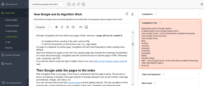 Сompetitors’ H1 headings in Content Editor