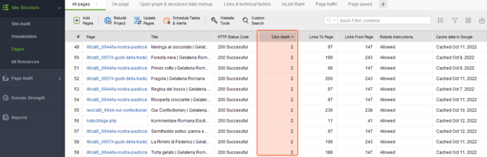 Use the Click Depth column of WebSite Auditor to quickly assess the click depth