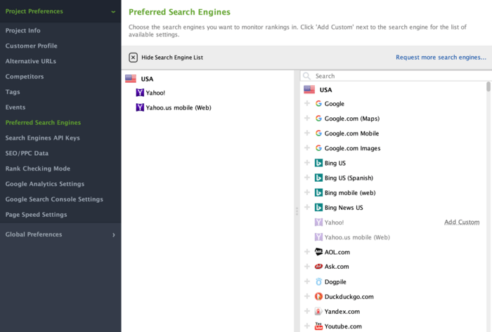 Tracking keyword rankings for different search engines