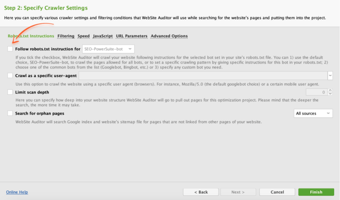 Specifying crawler settings in WebSite Auditor