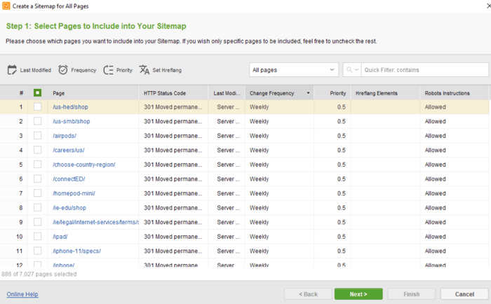 choose the pages you want to add to a sitemap, specify crawling frequency, indexing property