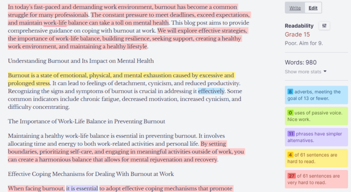 Hemingway Editor score for Copy.ai's post