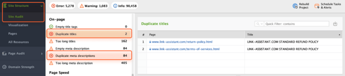 Duplicate titles and meta descriptions