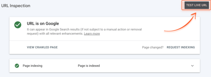 Google Search Console test live URL