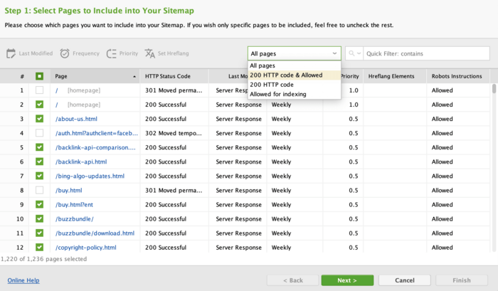 Select pages for sitemap