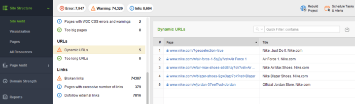 Spot dynamic URLs with the help of WebSite Auditor’s Site Audit module