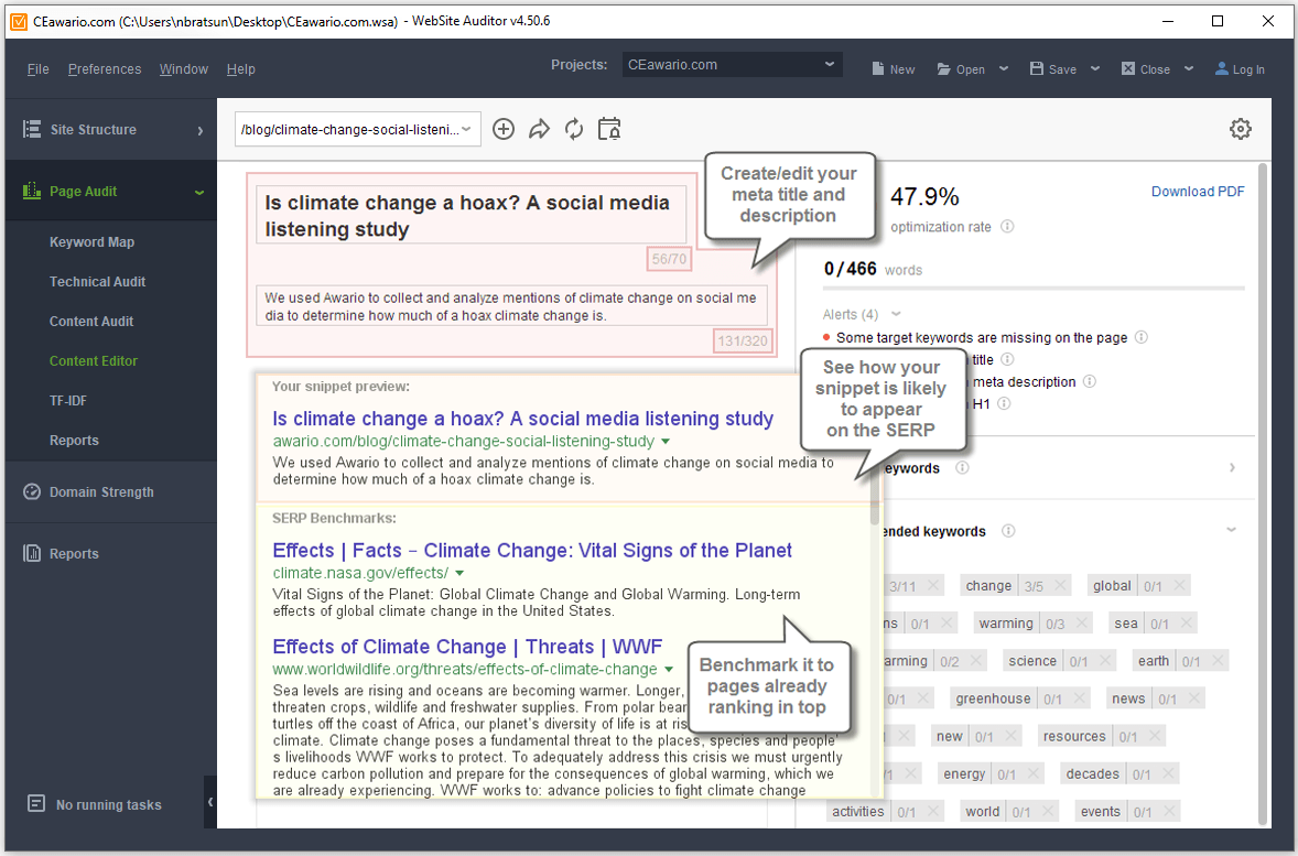 See how your SERP snippets looks like and revise competitors' snippets