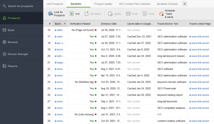 Backlink verification in LinkAssistant